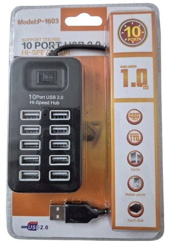 מפצל USB 2.0 ל10 חיבורים עם כפתור הפעלה