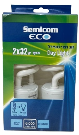 זוג נורות פלורסנט 32W אור לבן הברגה עבה